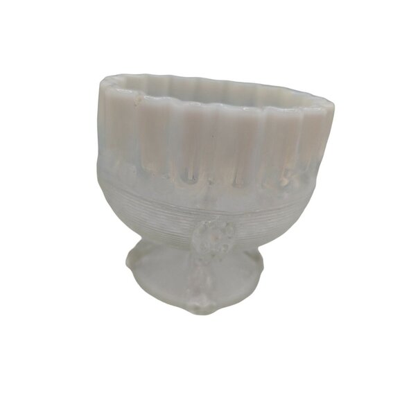 Antique Northwood Glass Opalescent Crimped Top Compote Spool Threaded Pattern - Picture 9 of 14